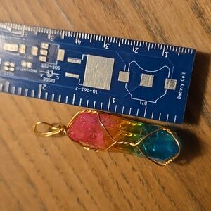 Hand Crafted Pink, Yellow, Blue Wire-Wrapped Crystal Pendant NWOT #234